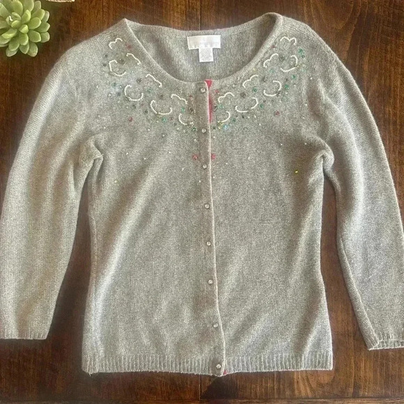 Soft Surroundings | Tan/Gray Lambswool & Angora Beaded Button Down Cardigan - Picture 1 of 8